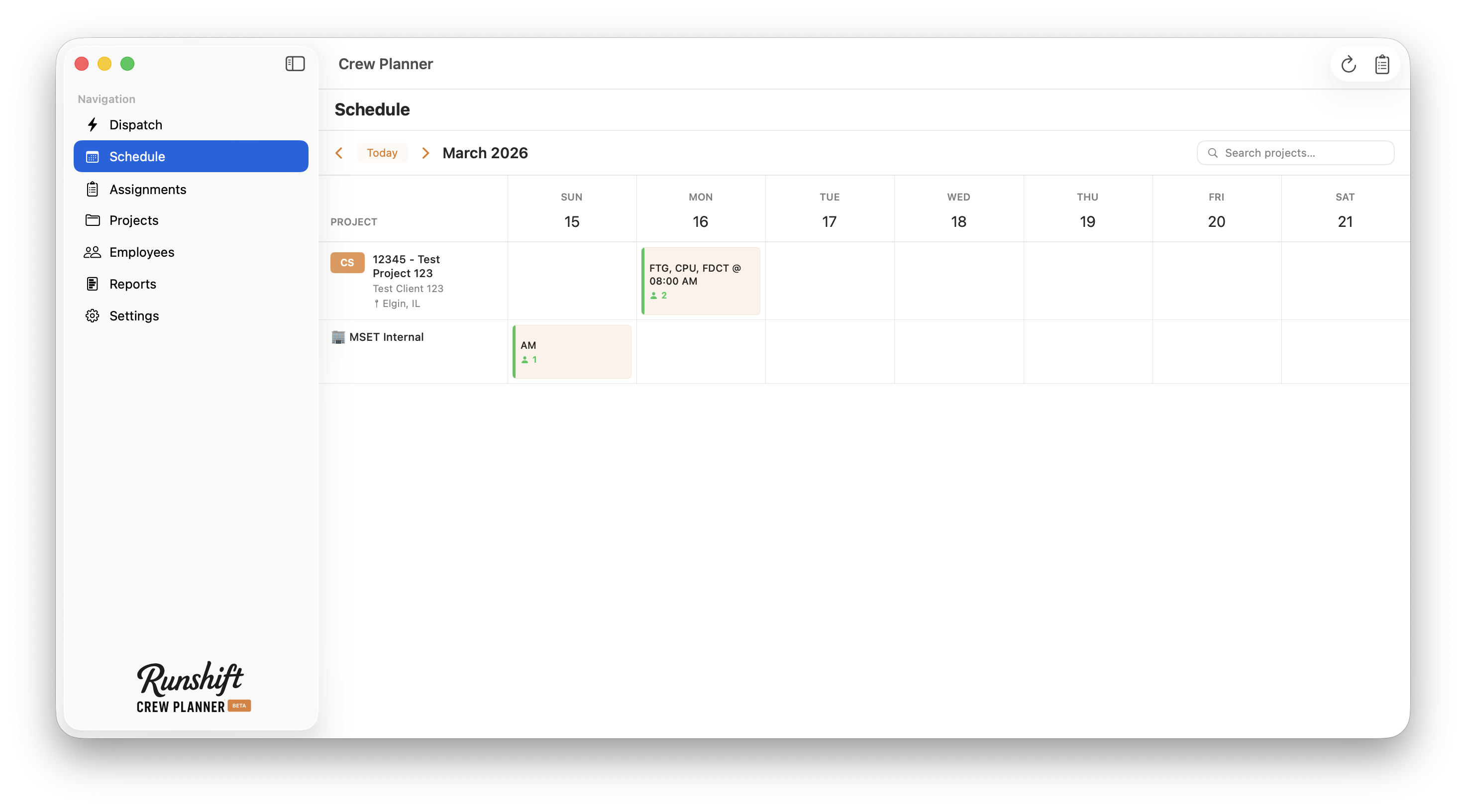 Runshift Crew Planner — schedule view showing projects, assignments, and weekly calendar
